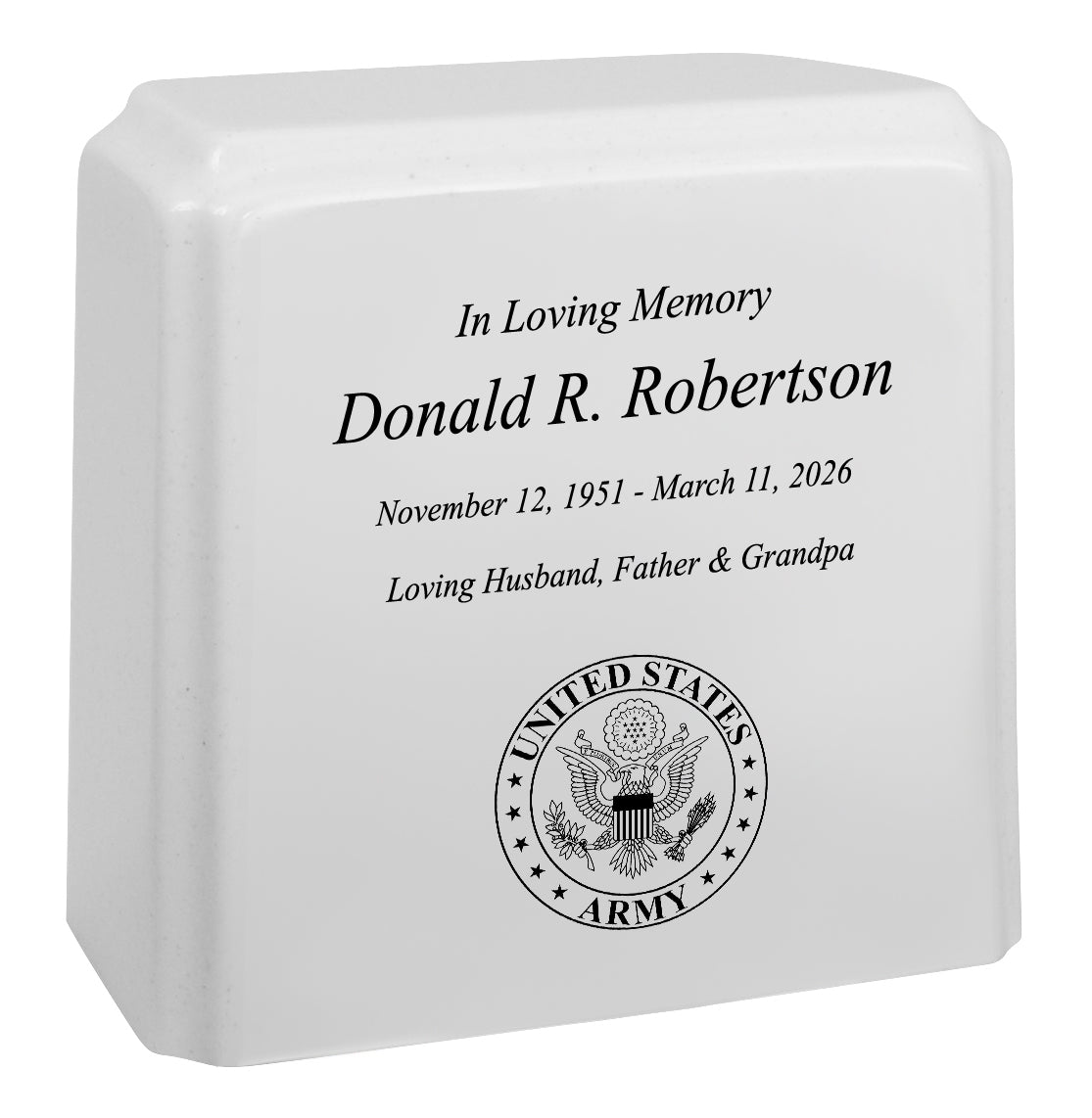 United States Army Cultured Marble Niche Cremation Urn - 12 Color Choices - Vault Option