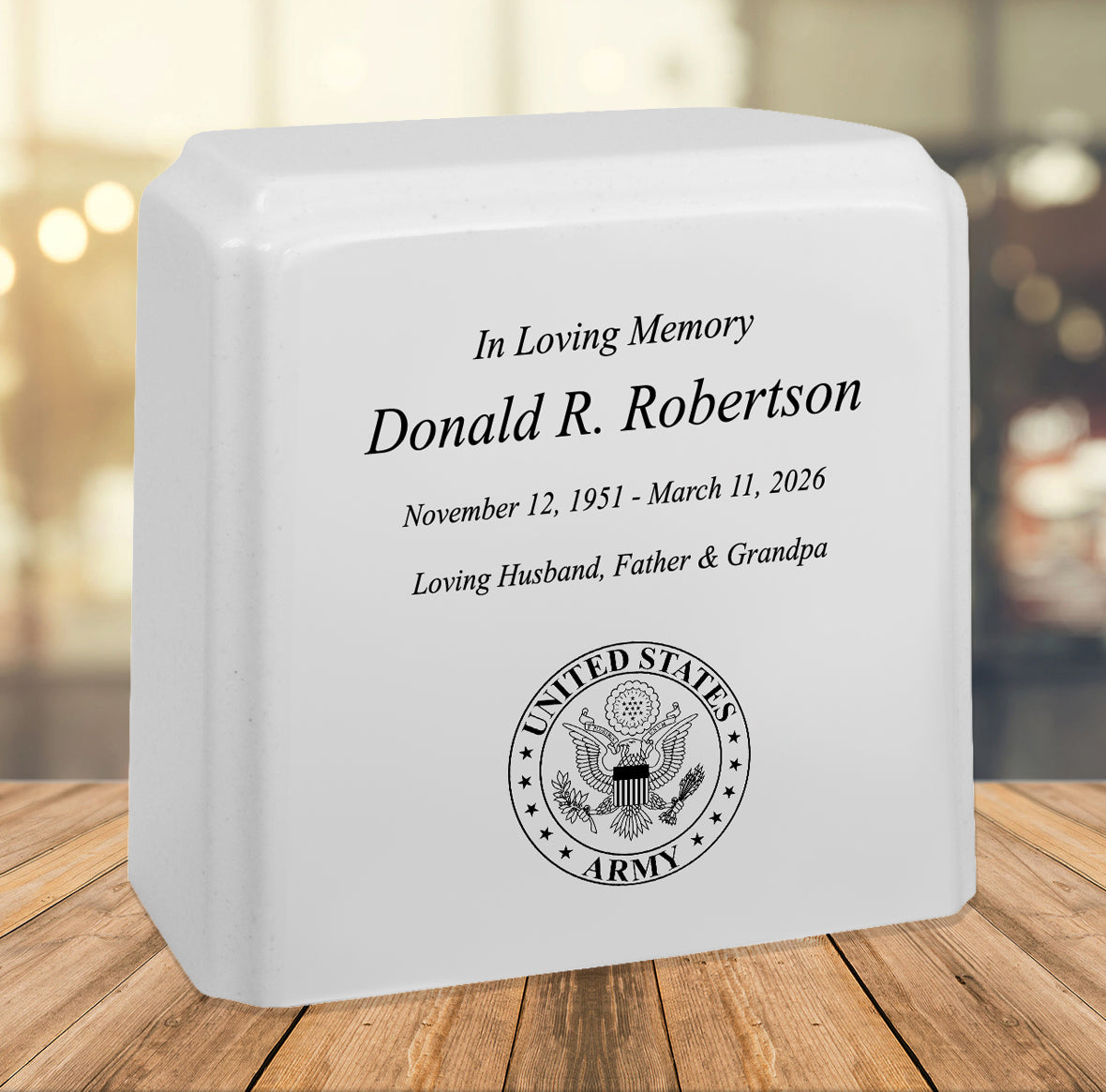 United States Army Cultured Marble Niche Cremation Urn - 12 Color Choices - Vault Option