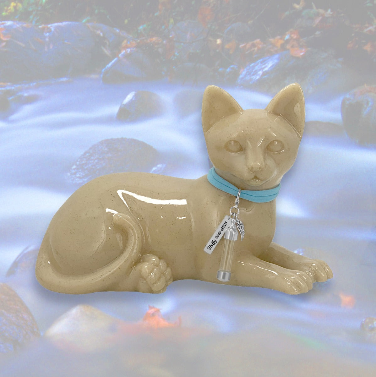 Laying Cat Urn - Love Charms® Option - Engravable & Fur Holder - Collar Color Choice