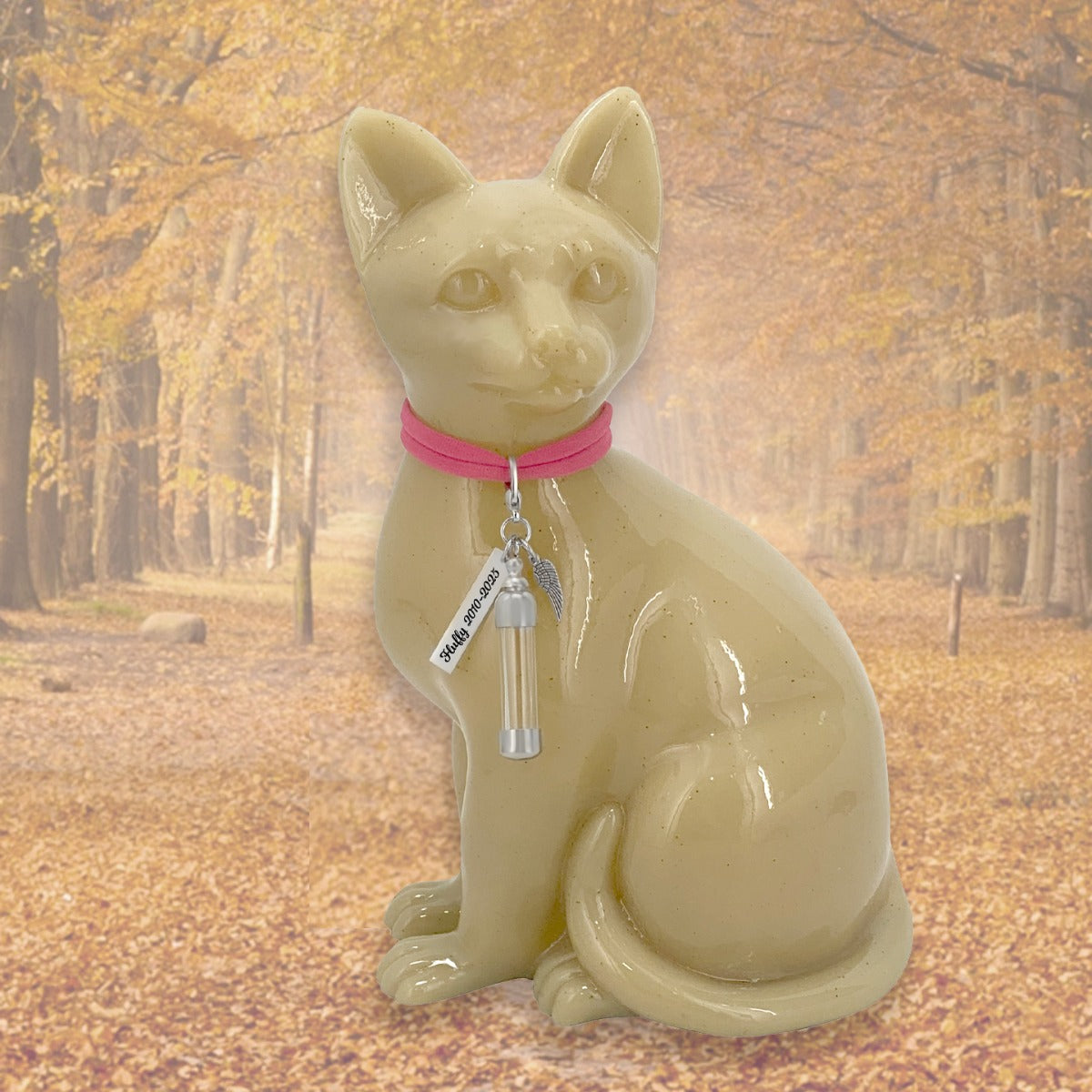 Sitting Cat Urn - Love Charms® Option - Engravable & Fur Holder - Collar Color Choice