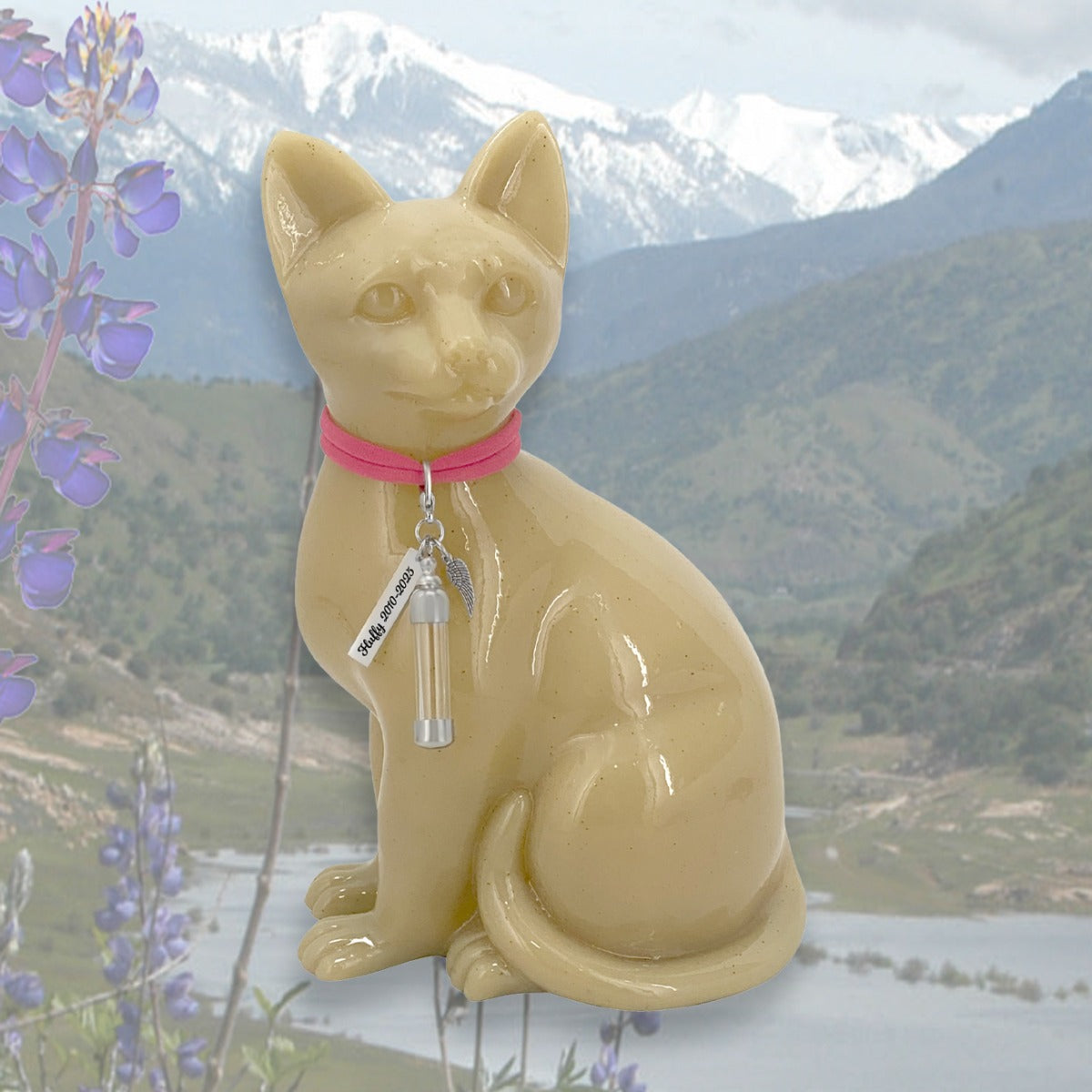 Sitting Cat Urn - Love Charms® Option - Engravable & Fur Holder - Collar Color Choice