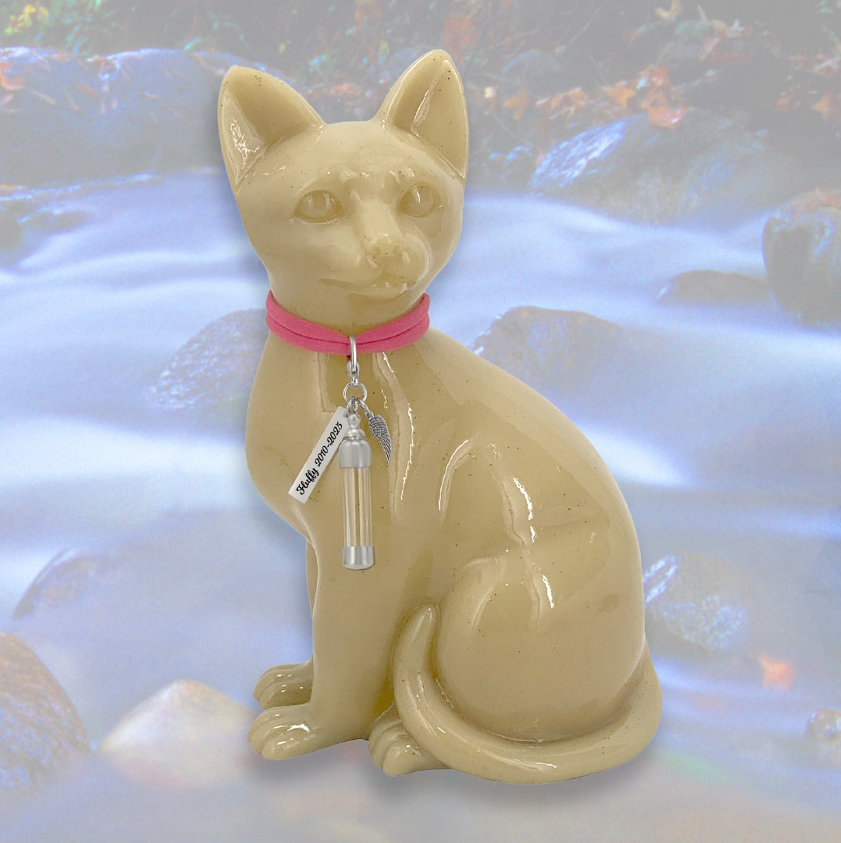 Sitting Cat Urn - Love Charms® Option - Engravable & Fur Holder - Collar Color Choice