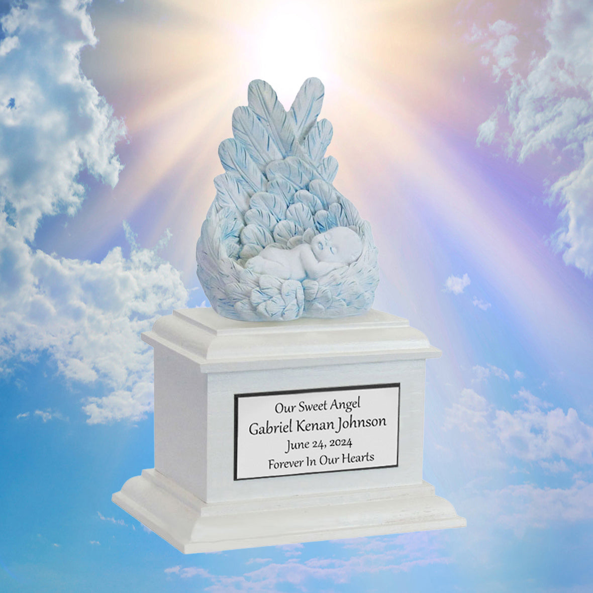 In Loving Arms Blue Infant Urn - Baby Angel Urn For Infants