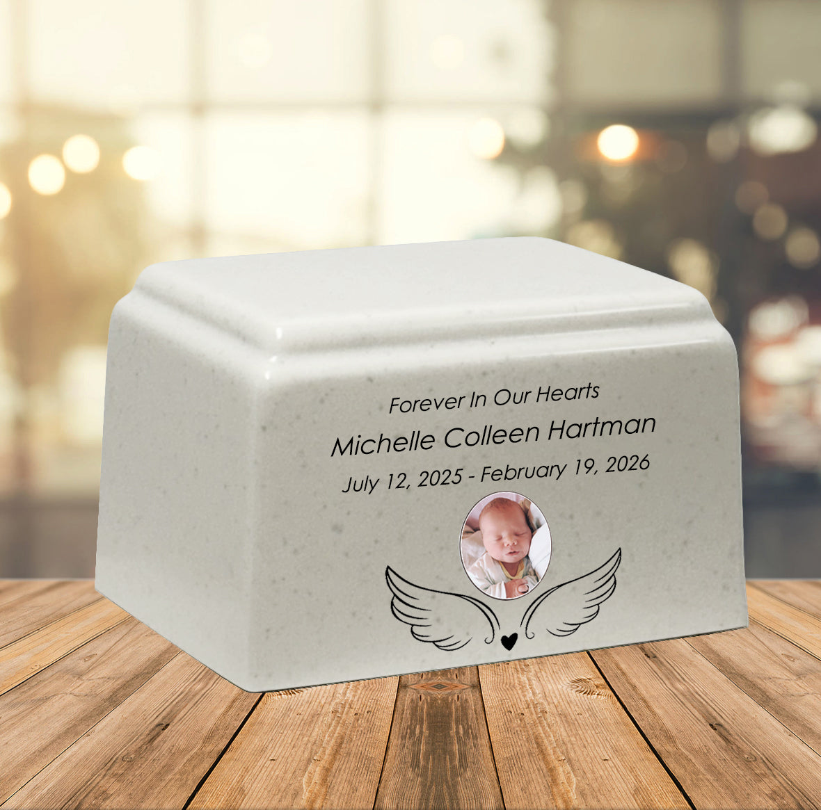 Angel Photo Cultured Marble Cream Baby Urn - Free Engraving and Photo