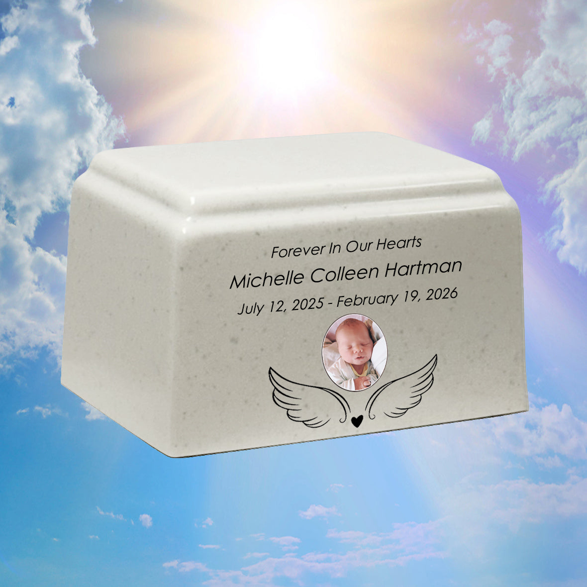 Angel Photo Cultured Marble Cream Baby Urn - Free Engraving and Photo