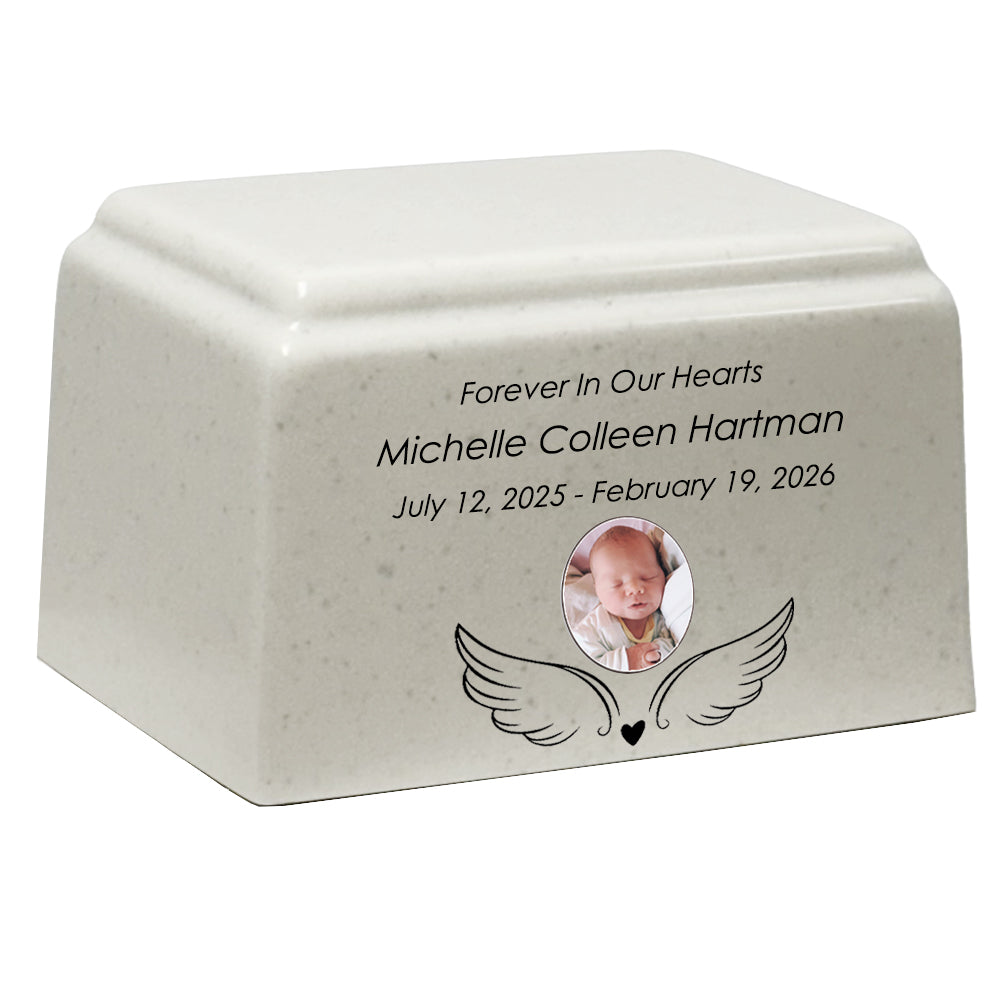 Angel Photo Cultured Marble Cream Baby Urn - Free Engraving and Photo