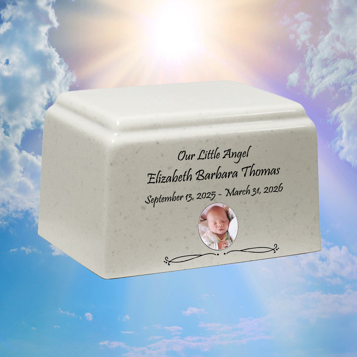 Little Angel Photo Cultured Marble Cream Baby Urn - Free Engraving and Photo
