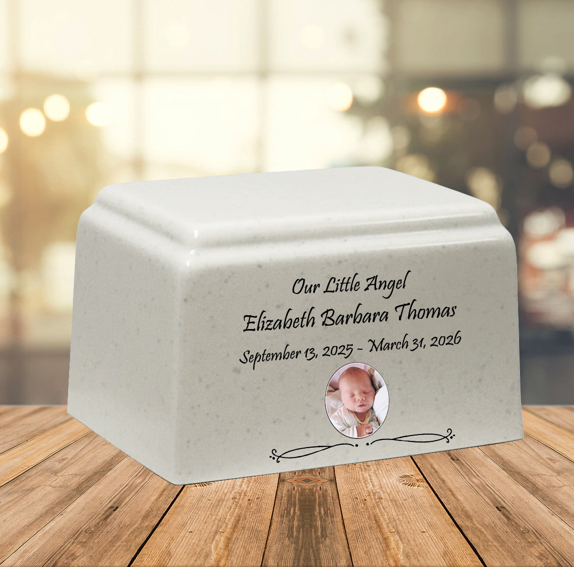 Little Angel Photo Cultured Marble Cream Baby Urn - Free Engraving and Photo