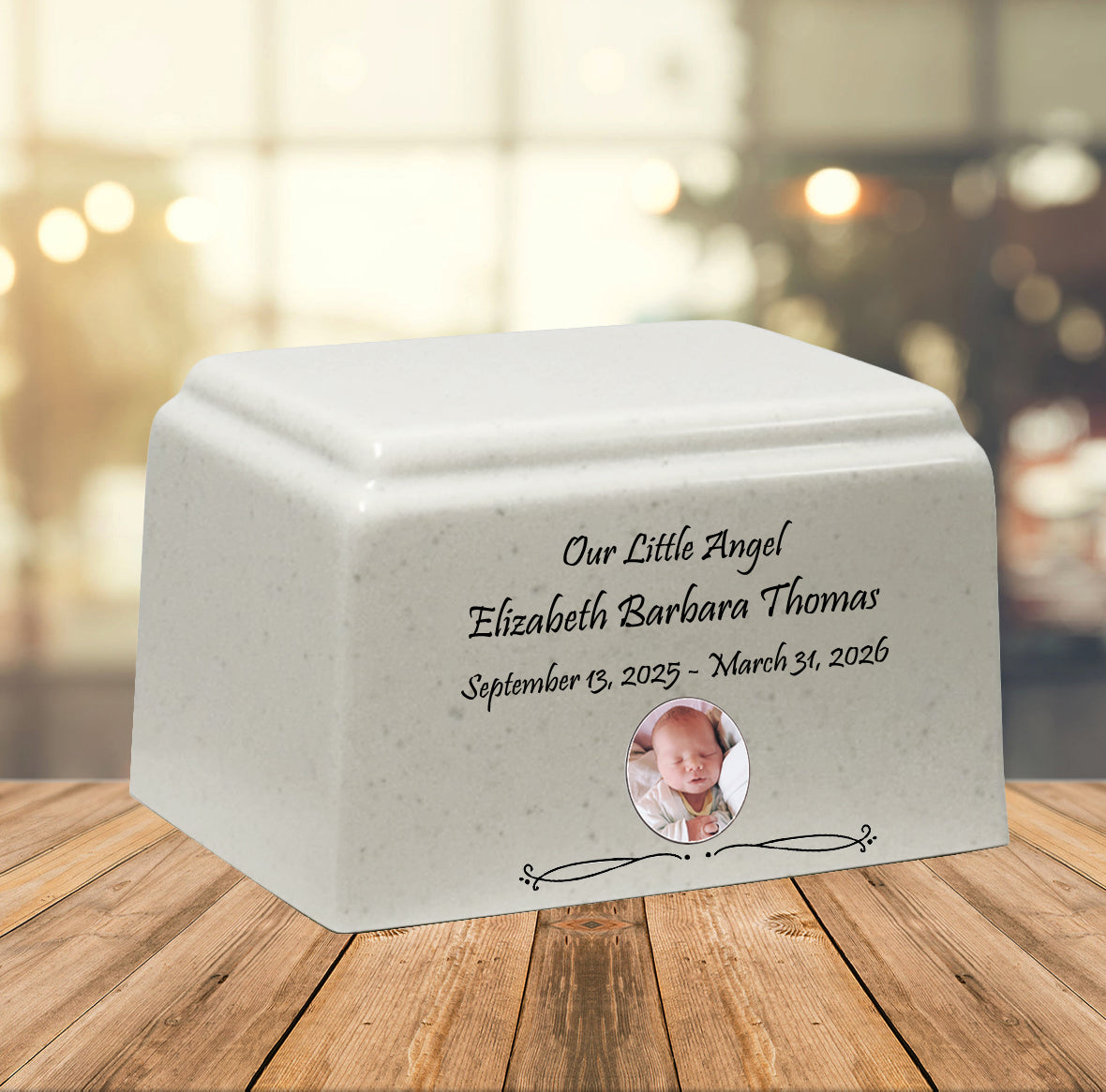 Little Angel Photo Cultured Marble Cream Baby Urn - Free Engraving and Photo