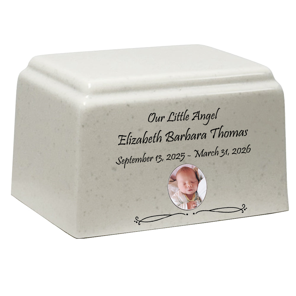 Little Angel Photo Cultured Marble Cream Baby Urn - Free Engraving and Photo