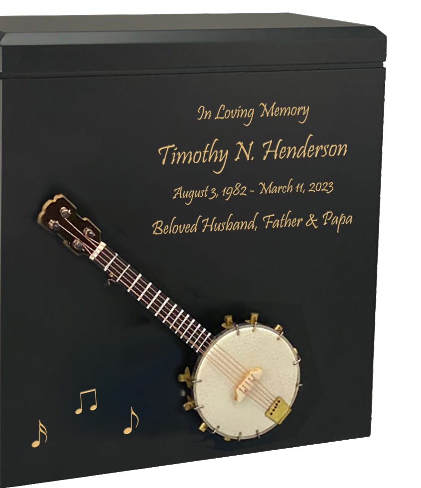 Banjo Wood Adult Cremation Urn - Miniature Banjo - Photo Option