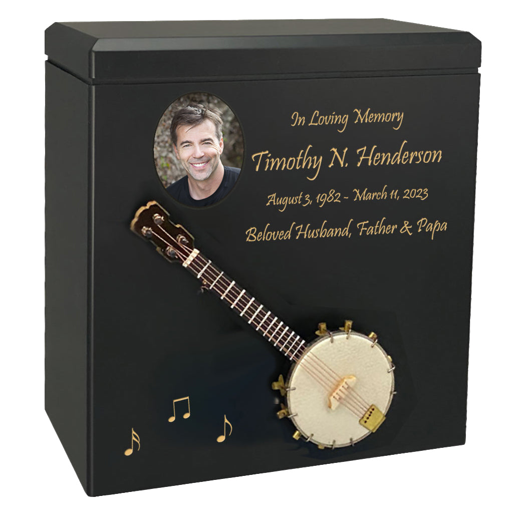 Banjo Wood Adult Cremation Urn - Miniature Banjo - Photo Option