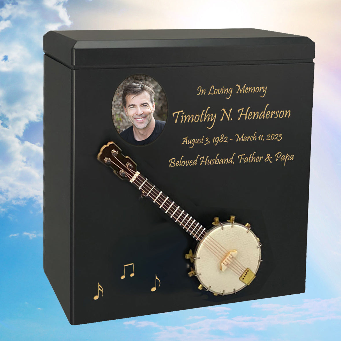 Banjo Wood Adult Cremation Urn - Miniature Banjo - Photo Option