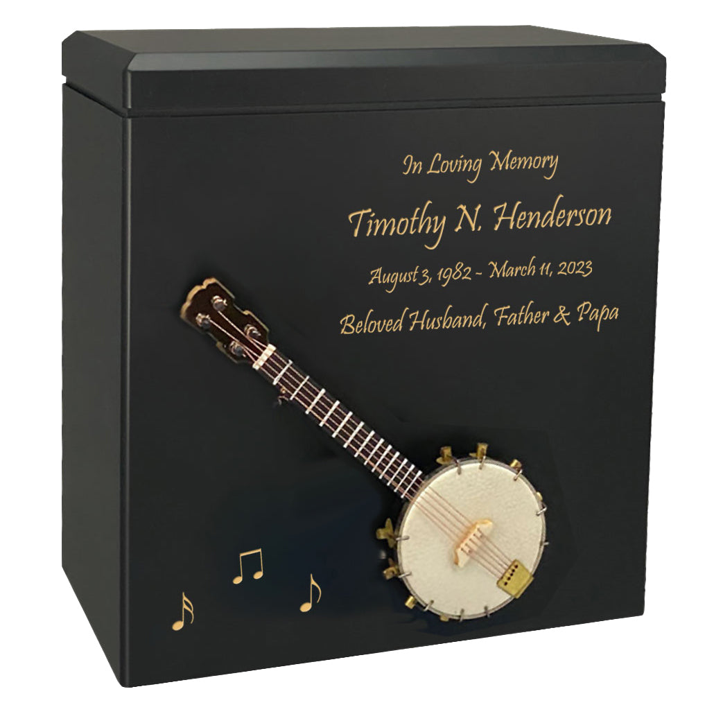Banjo Wood Adult Cremation Urn - Miniature Banjo - Photo Option
