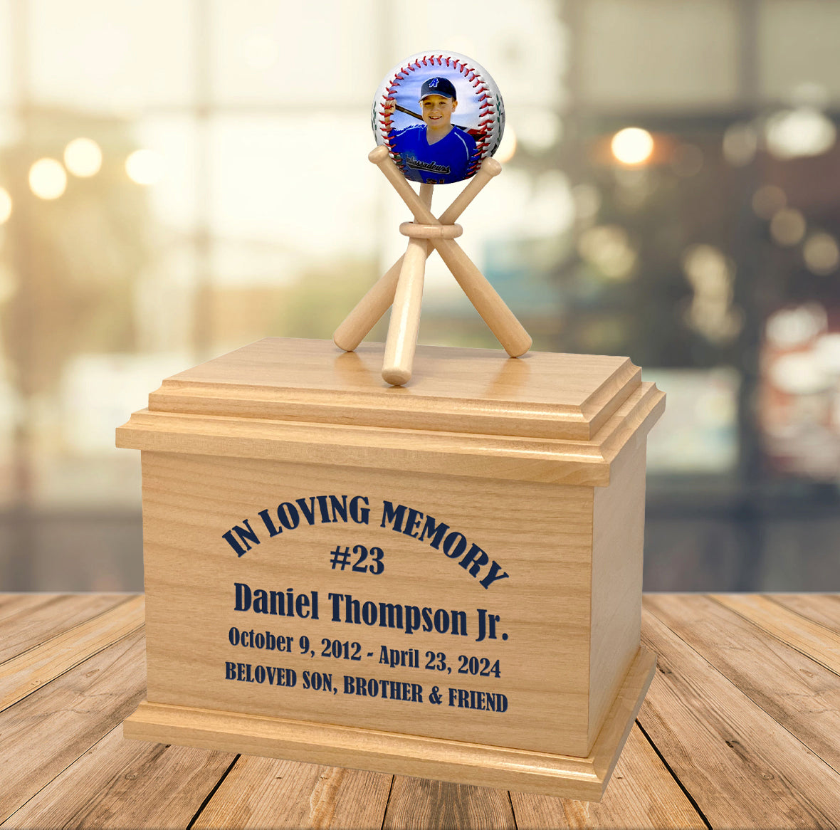 Photo Baseball Oak Adult or Youth Cremation Urn - Unique Baseball Bat Stand