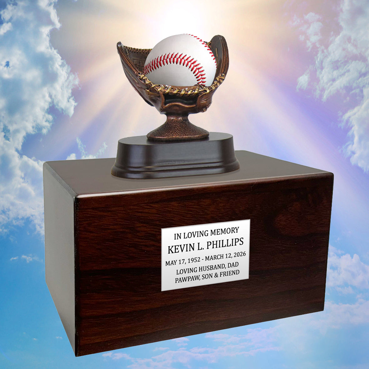 Baseball or Softball Mitt Cremation Urn - Free Engraved Pewter Plate