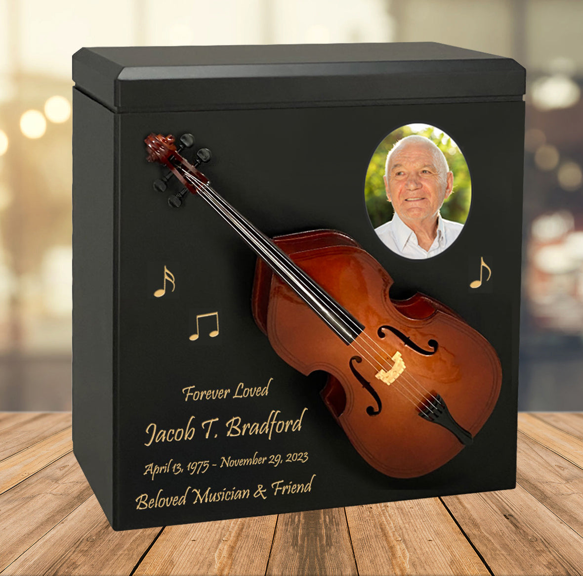 Bass or Double Bass Wood Adult Cremation Urn - Miniature Bass or Double Bass - Photo Option