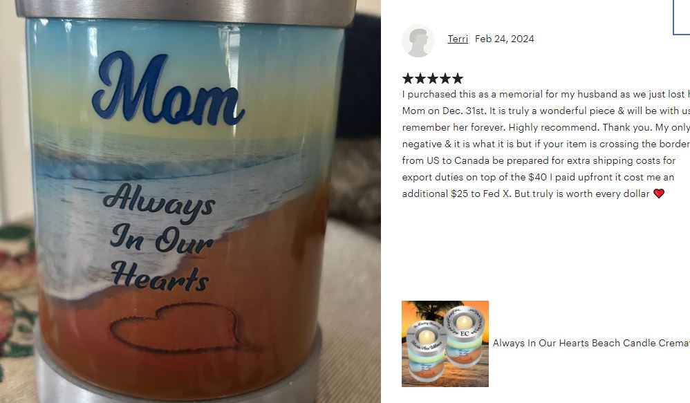 Always In Our Hearts Beach Candle Cremation Urn - Engraving Available - LED Candle Included