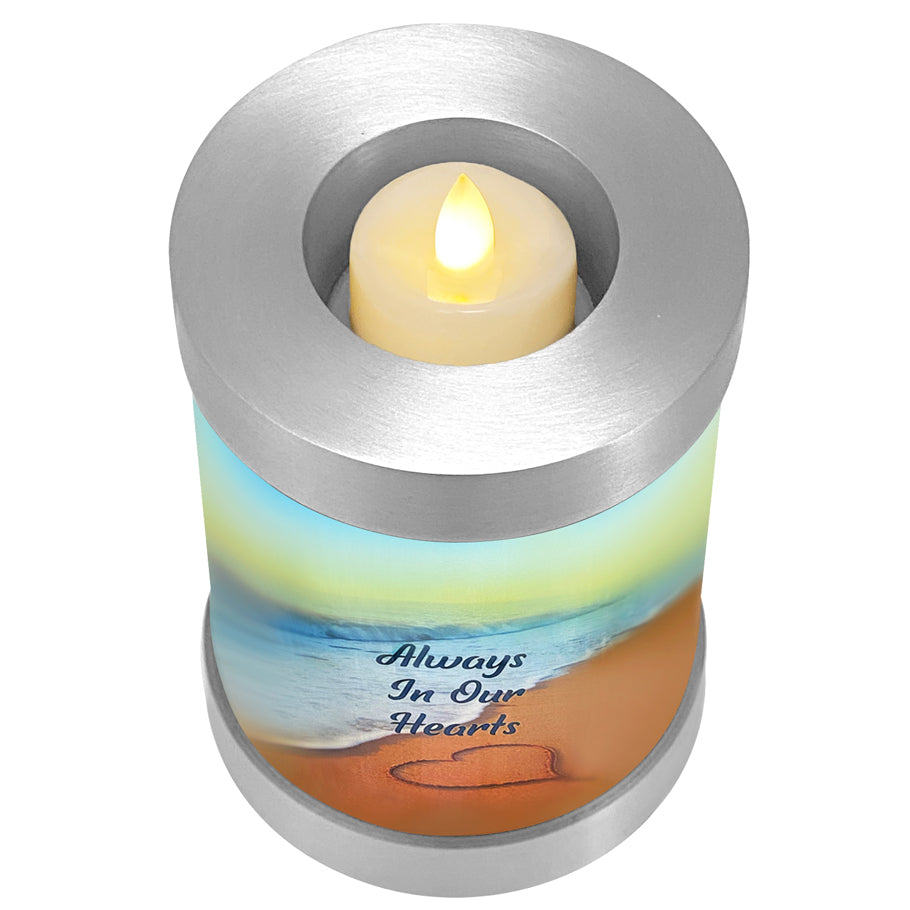 Always In Our Hearts Beach Candle Cremation Urn - Engraving Available - LED Candle Included