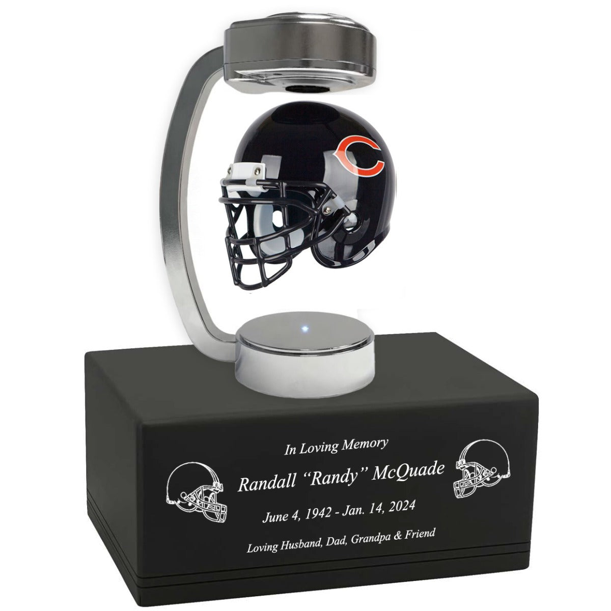 Football Adult or Medium Cremation Urn & Chicago Bears Hover Helmet Décor - Free Engraving