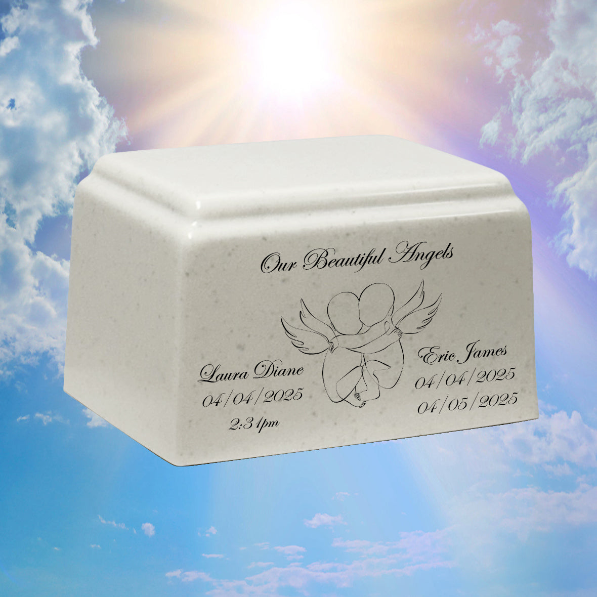 Beautiful Angels Twins Cultured Marble Cream Baby Urn - Free Engraving