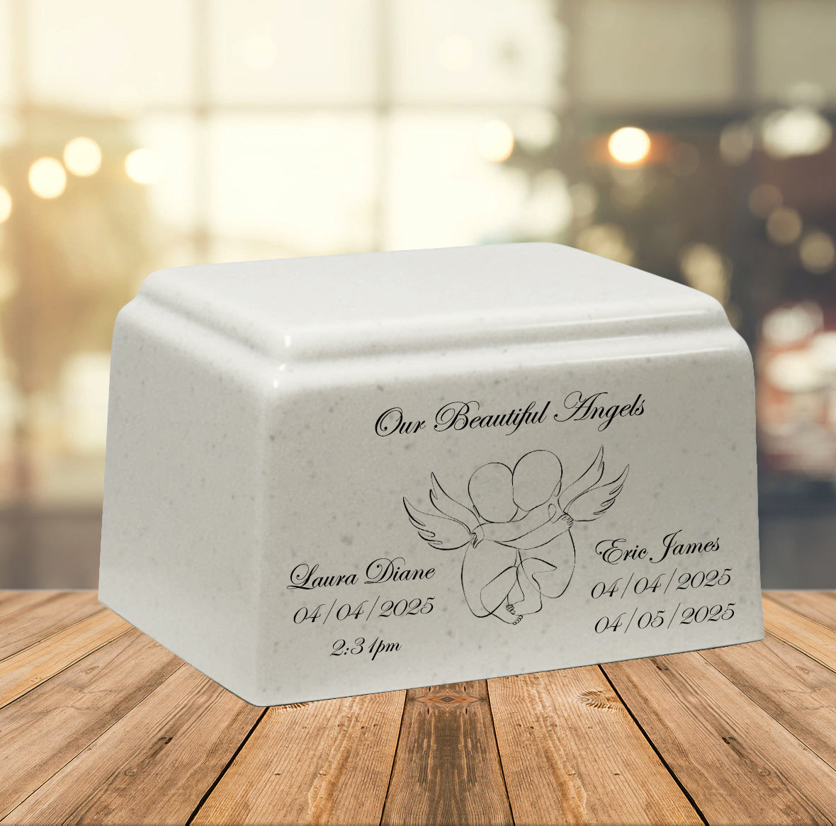 Beautiful Angels Twins Cultured Marble Cream Baby Urn - Free Engraving