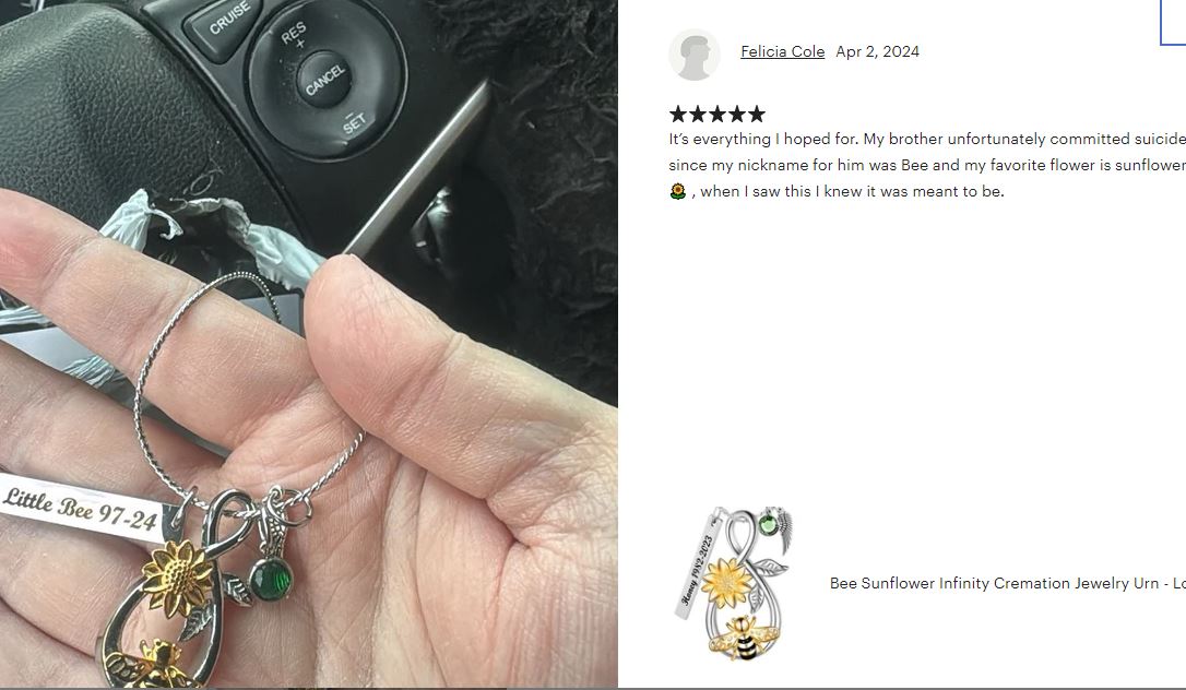 Bee Sunflower Infinity Cremation Jewelry Urn - Love Charms® Option