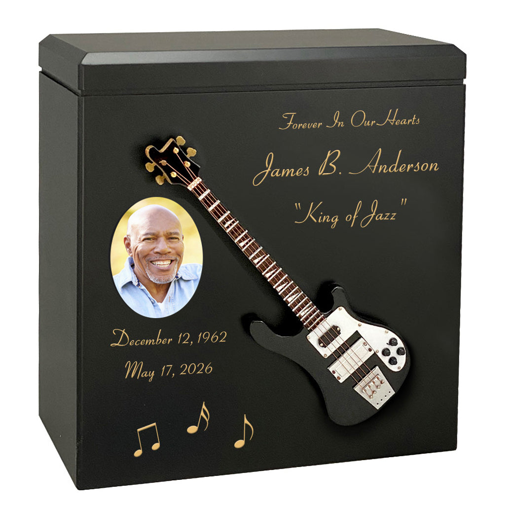 Black Bass Electric Guitar Wood Adult Cremation Urn - Miniature Guitar - Photo Option