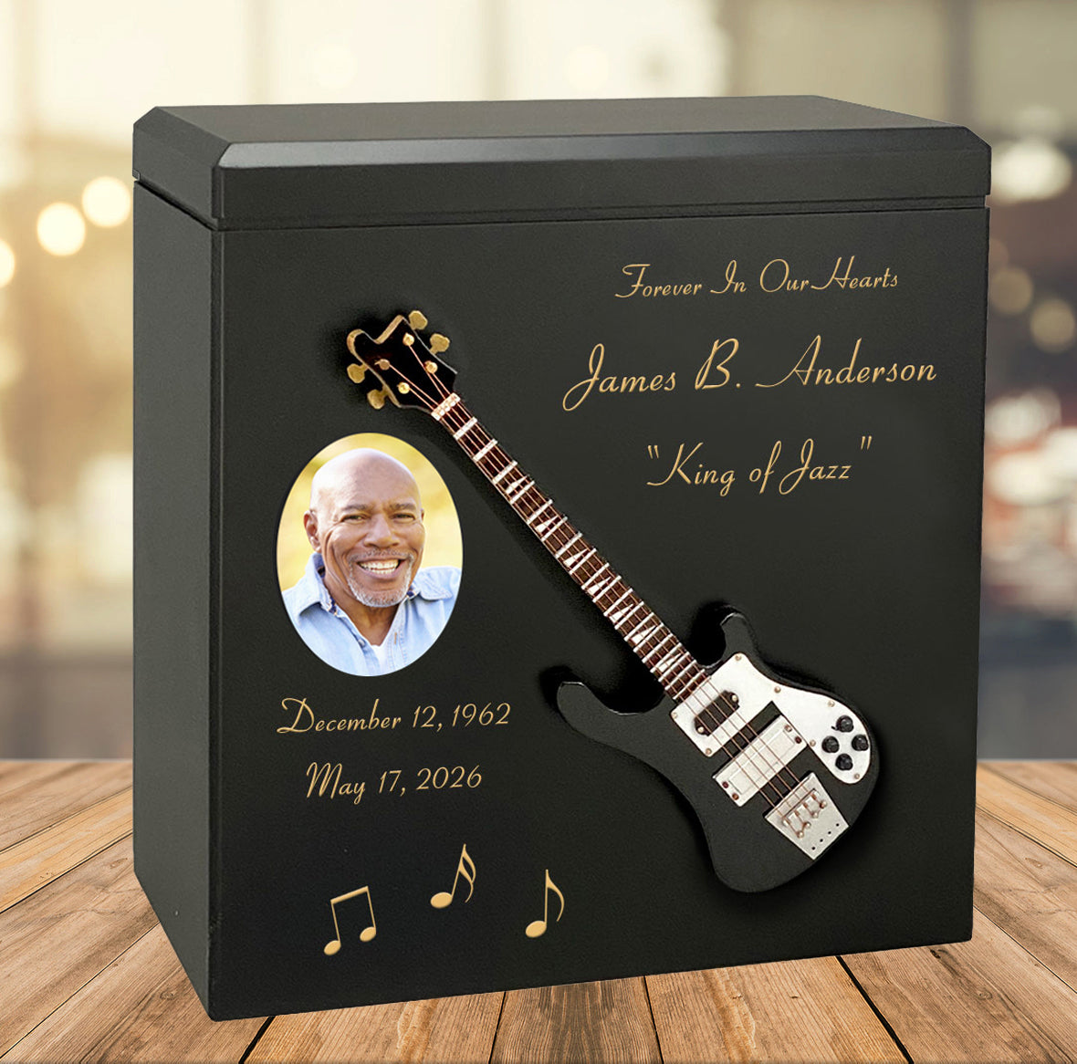 Black Bass Electric Guitar Wood Adult Cremation Urn - Miniature Guitar - Photo Option