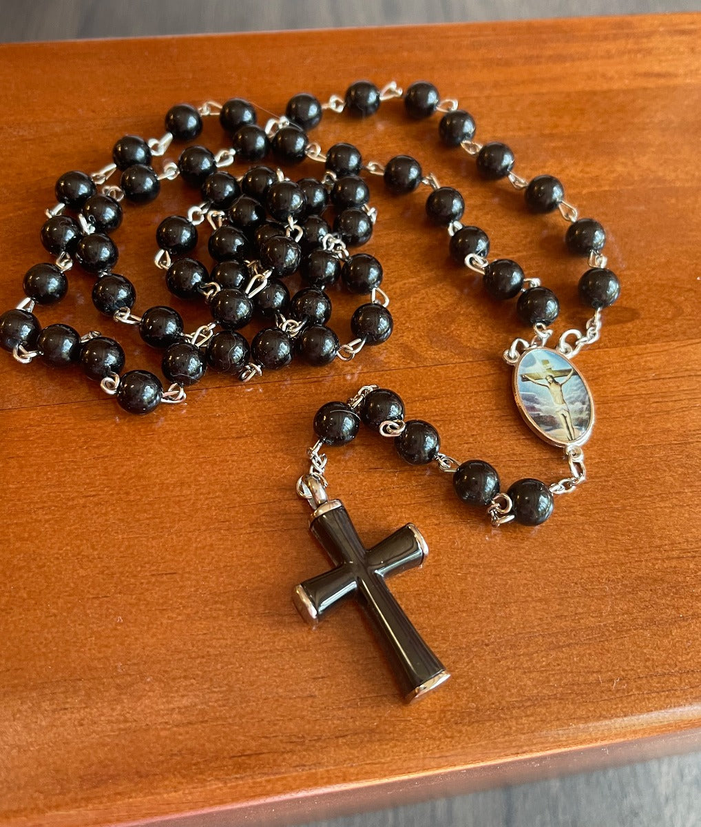 Black Bead Rosary Necklace Urn