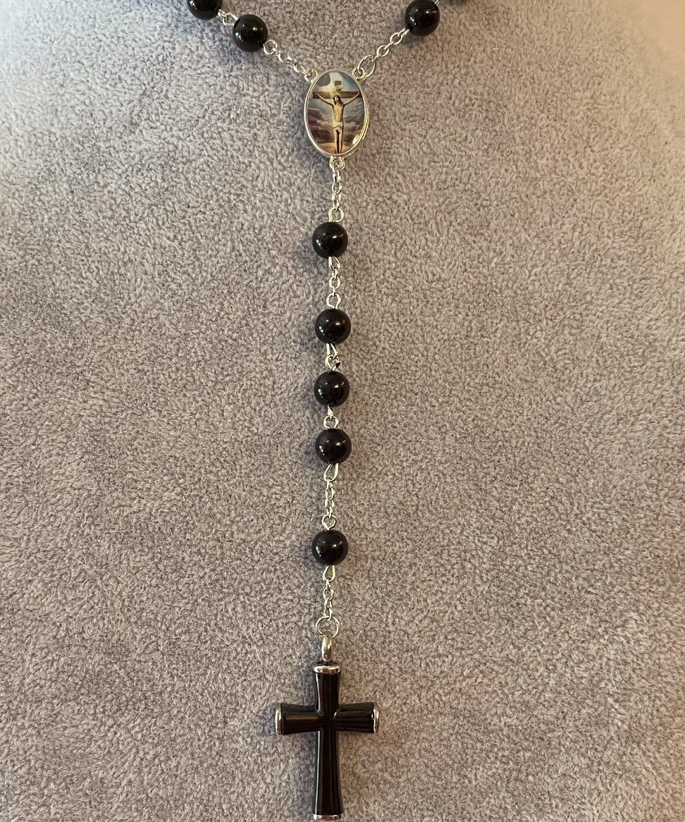 Black Bead Rosary Necklace Urn