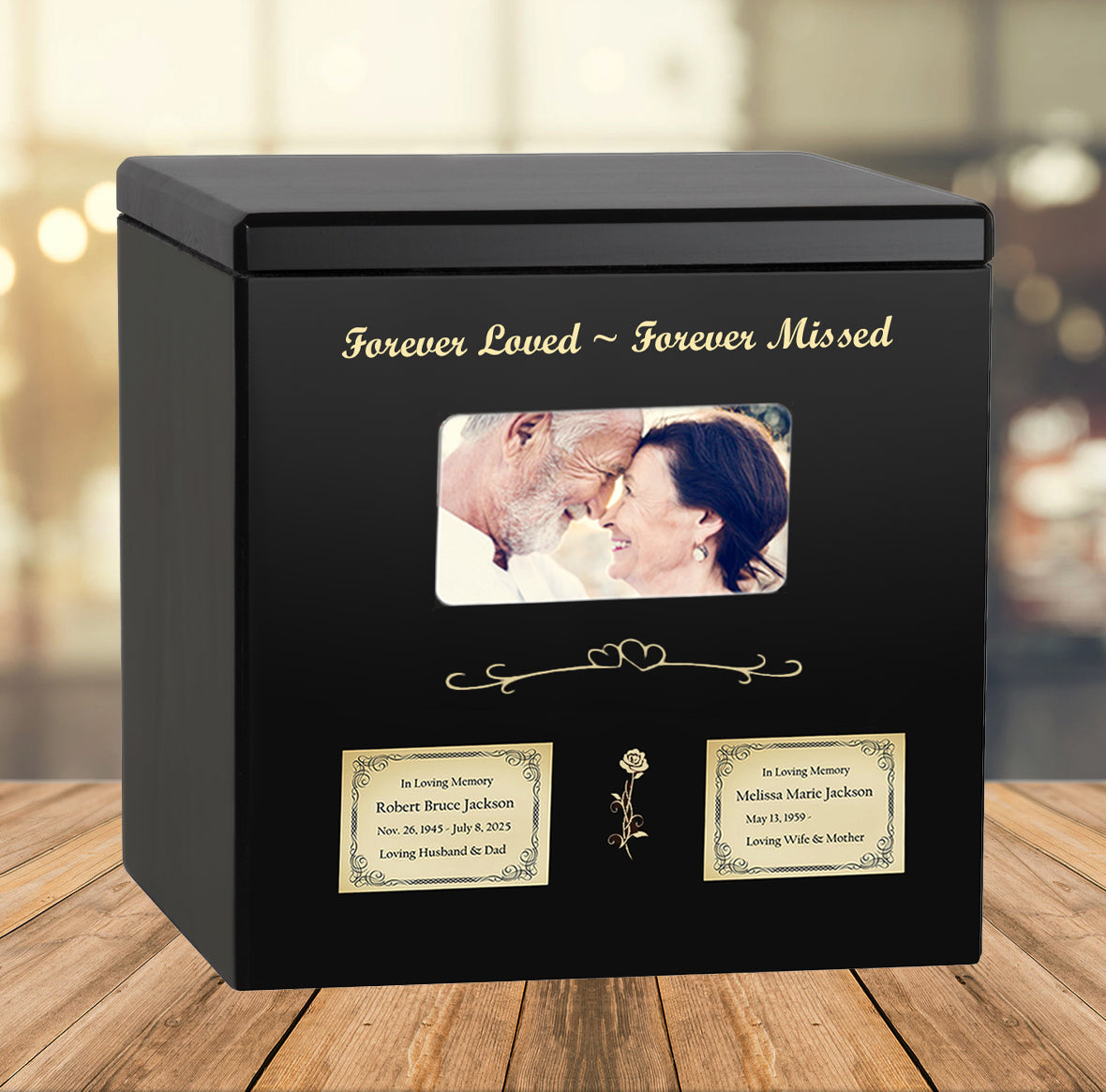 Black Photo Companion Wood Urn - Pewter or Gold Plate Option -  Parents Photo Urn - Vault Option