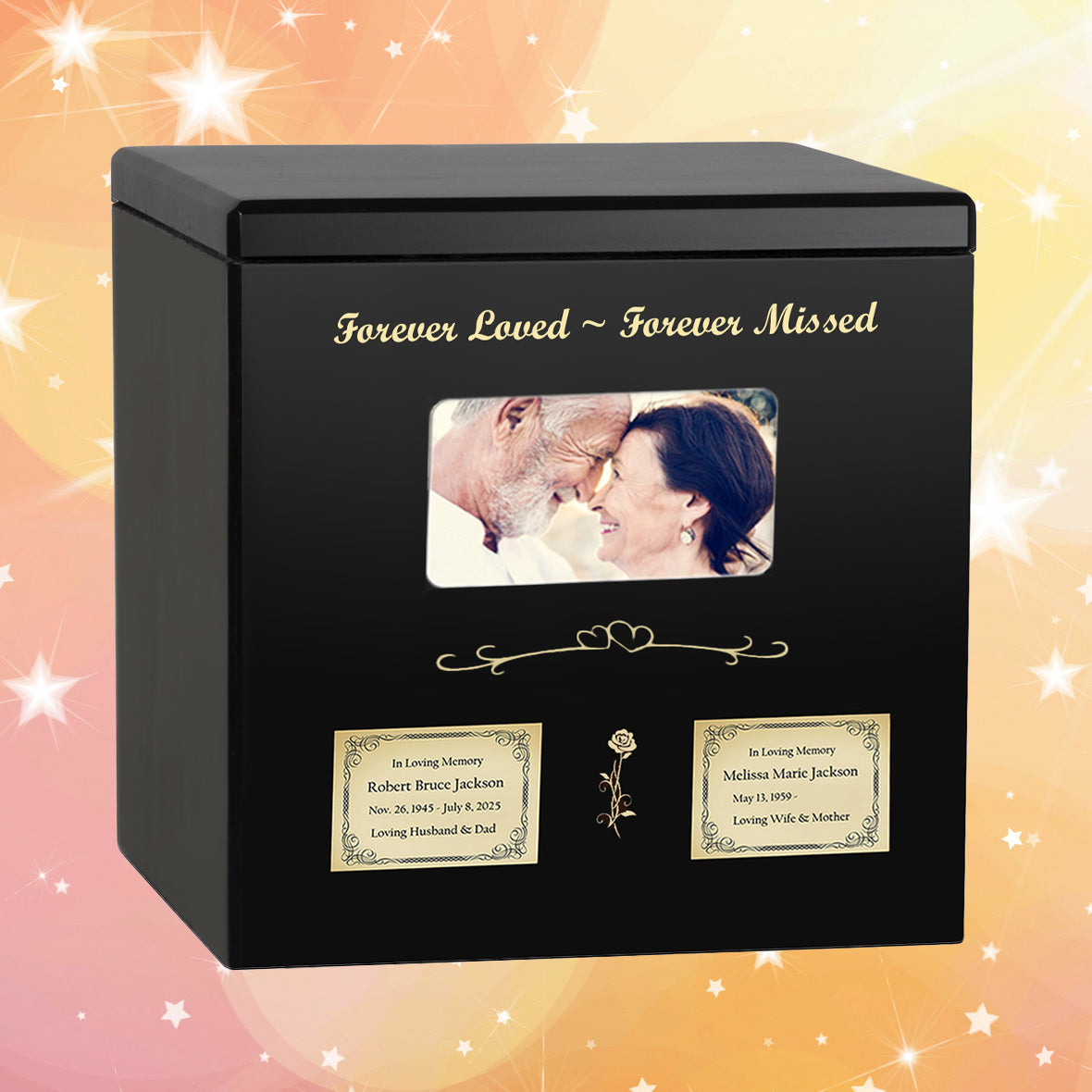 Black Photo Companion Wood Urn - Pewter or Gold Plate Option -  Parents Photo Urn - Vault Option