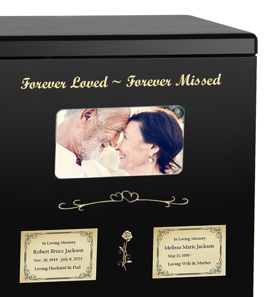 Black Photo Companion Wood Urn - Pewter or Gold Plate Option -  Parents Photo Urn - Vault Option