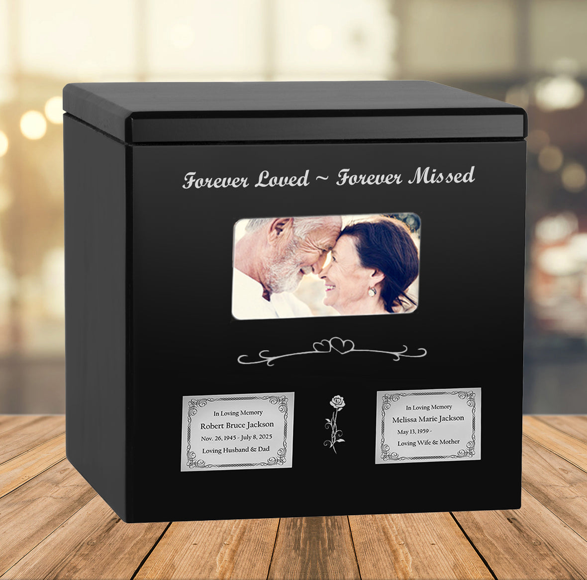 Black Photo Companion Wood Urn - Pewter or Gold Plate Option -  Parents Photo Urn - Vault Option
