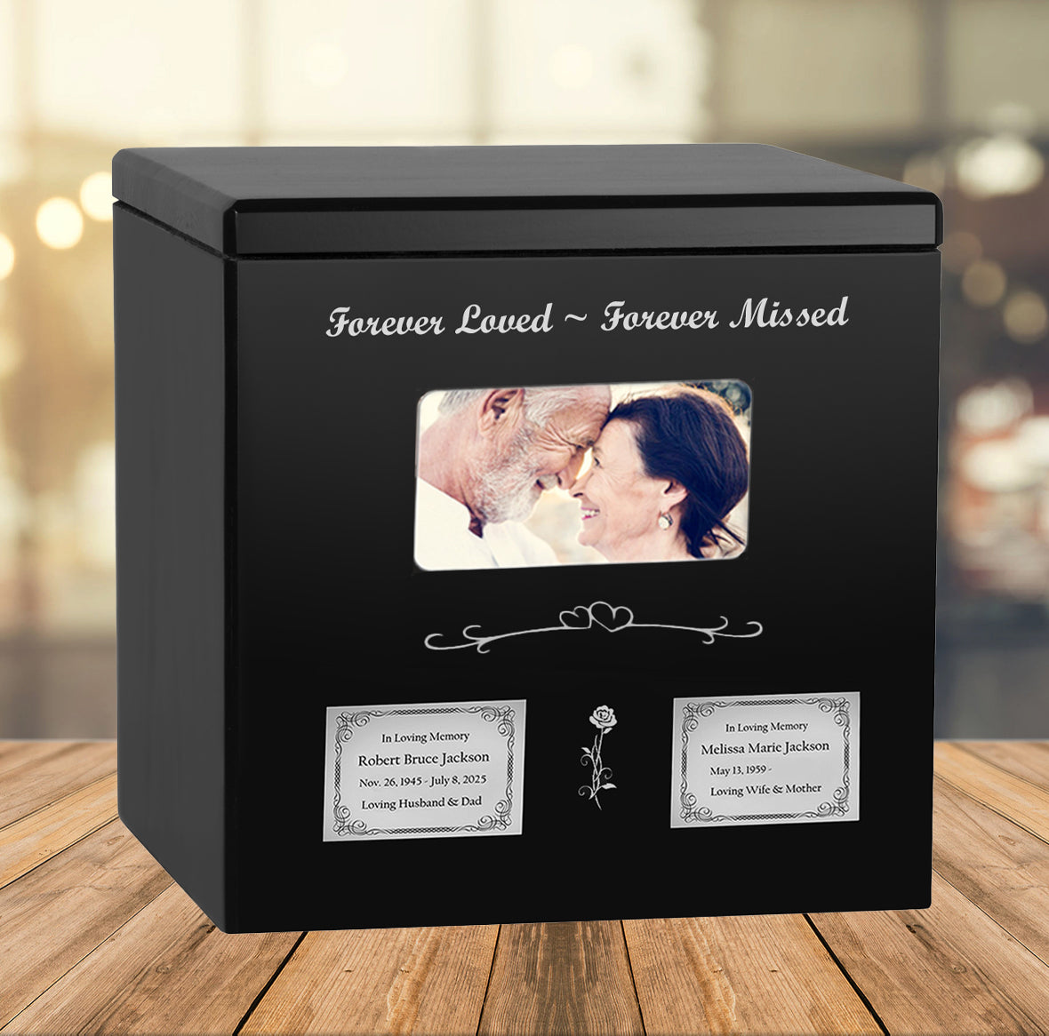 Black Photo Companion Wood Urn - Pewter or Gold Plate Option -  Parents Photo Urn - Vault Option
