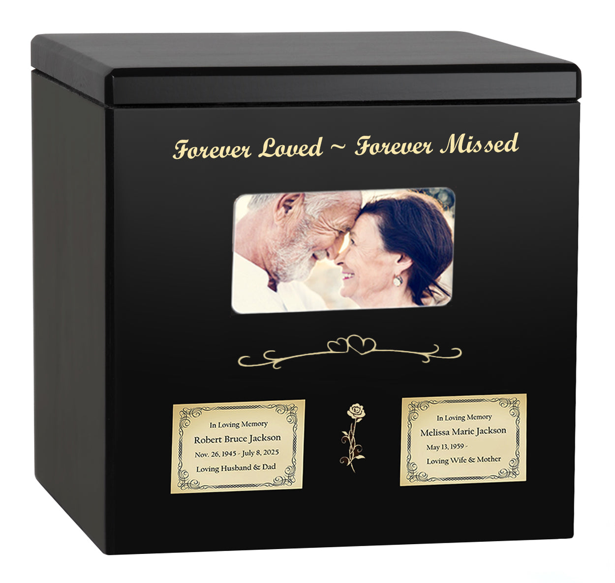 Black Photo Companion Wood Urn - Pewter or Gold Plate Option -  Parents Photo Urn - Vault Option