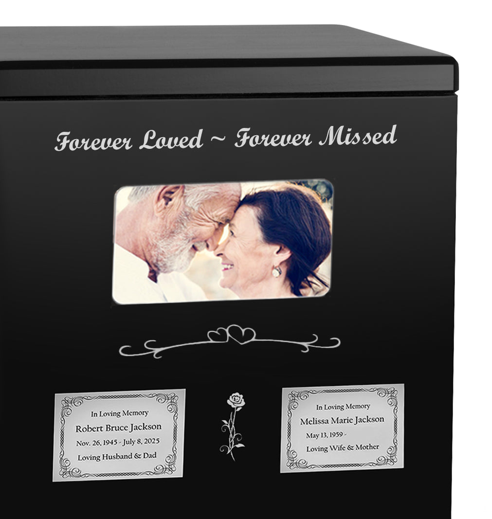 Black Photo Companion Wood Urn - Pewter or Gold Plate Option -  Parents Photo Urn - Vault Option