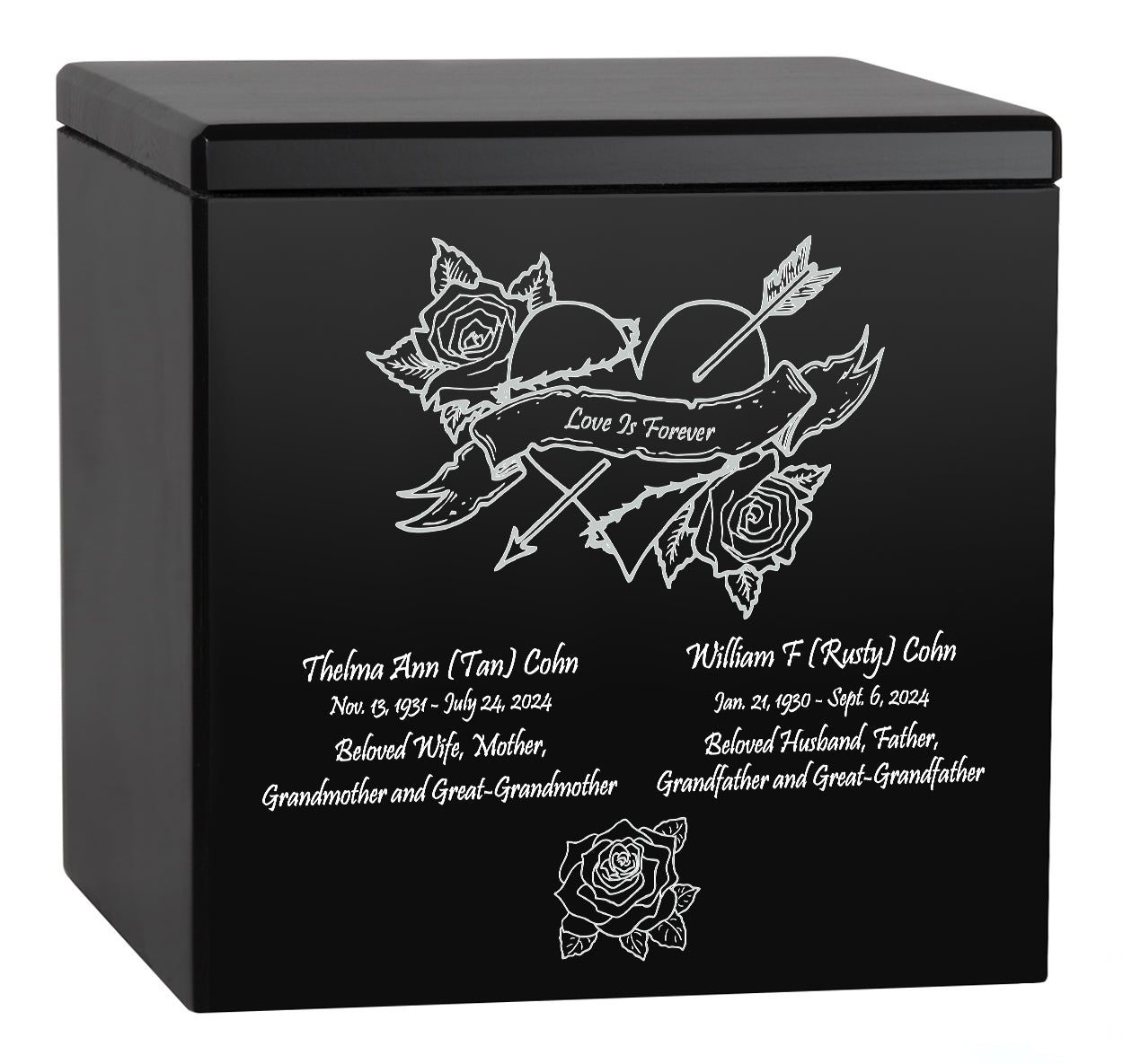 Love Inlaid Companion Urn - Roses & Banner - Love Is Forever - Vault Option