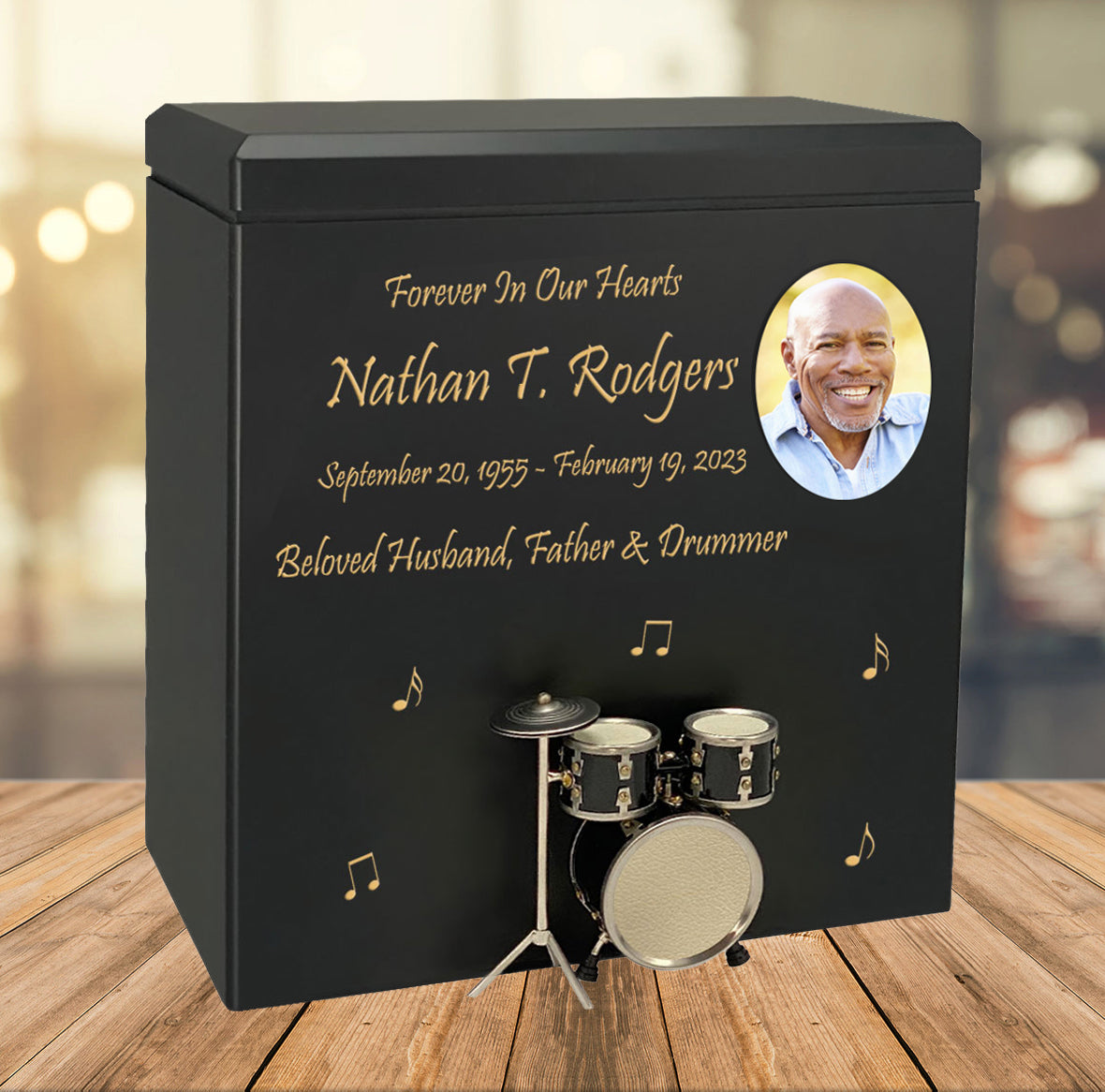 Black Drum Set Wood Adult Cremation Urn - Miniature Drum Set - Photo Option