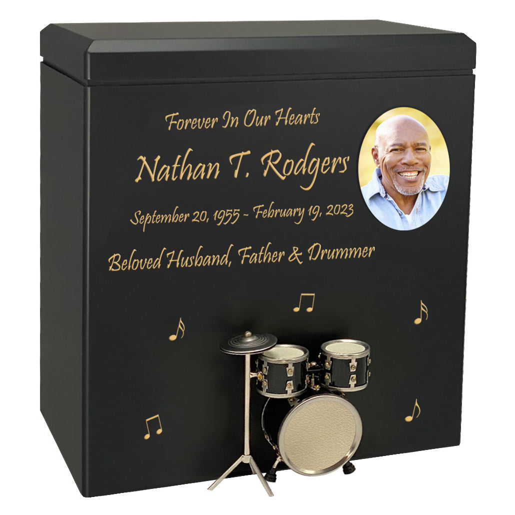 Black Drum Set Wood Adult Cremation Urn - Miniature Drum Set - Photo Option