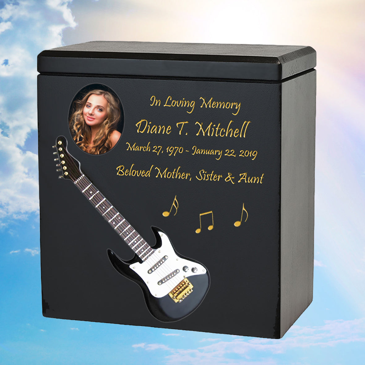 Black Electric Guitar Wood Adult Cremation Urn - Miniature Guitar - Photo Option
