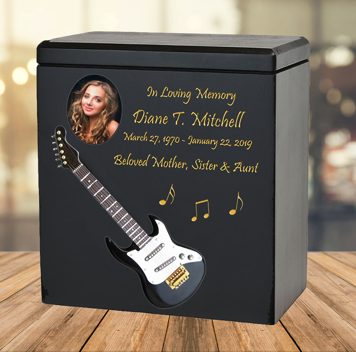 Black Electric Guitar Wood Adult Cremation Urn - Miniature Guitar - Photo Option