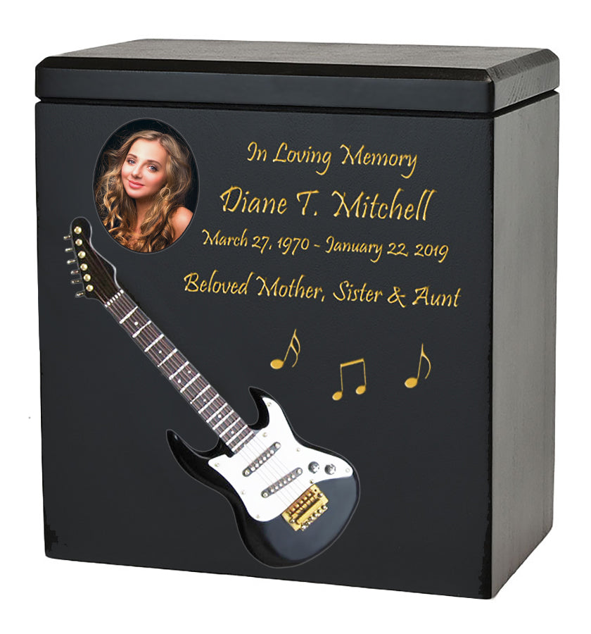 Black Electric Guitar Wood Adult Cremation Urn - Miniature Guitar - Photo Option
