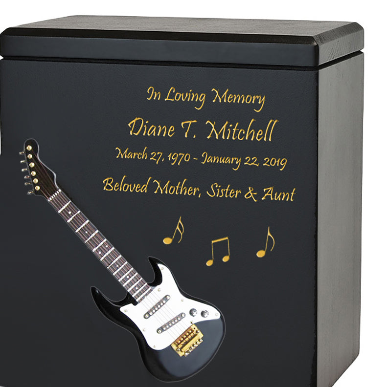 Black Electric Guitar Wood Adult Cremation Urn - Miniature Guitar - Photo Option