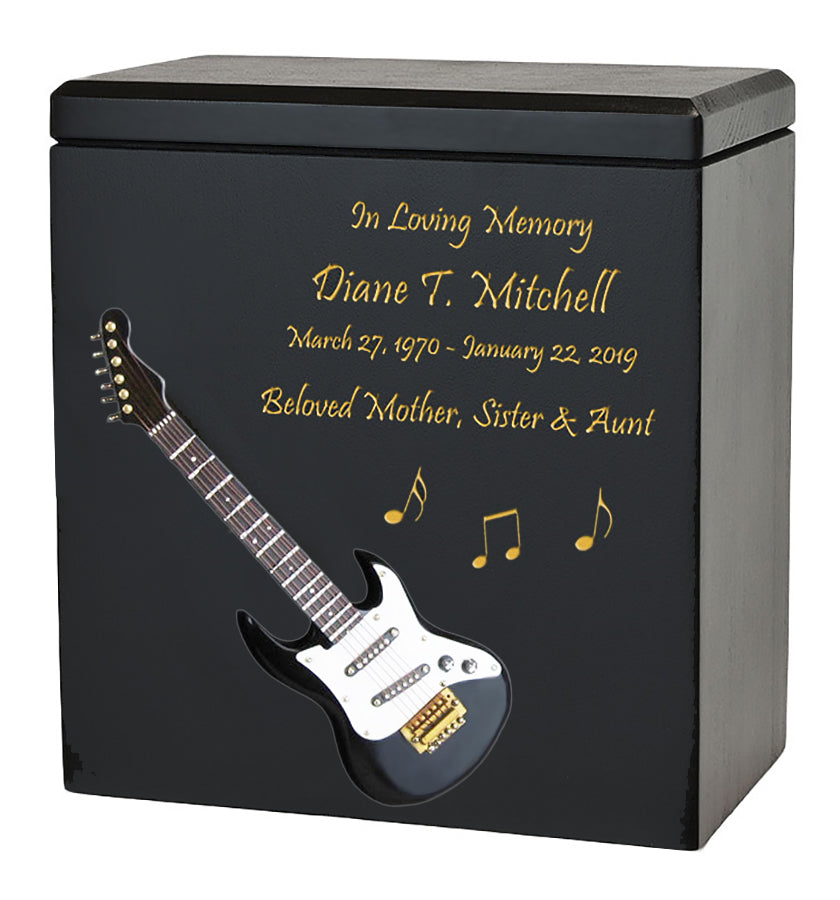 Black Electric Guitar Wood Adult Cremation Urn - Miniature Guitar - Photo Option