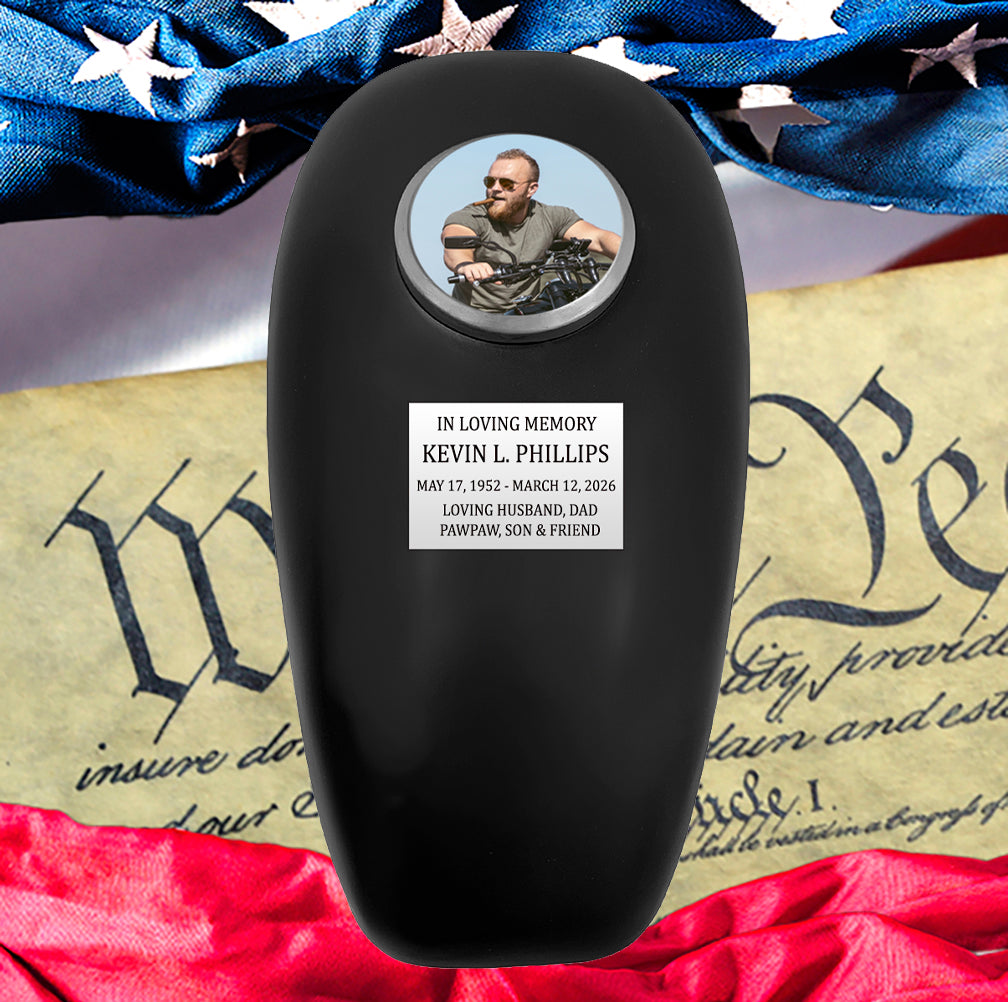 Black Motorcycle Gas Tank Large Adult Cremation Urn - Free Plate & Photo Option