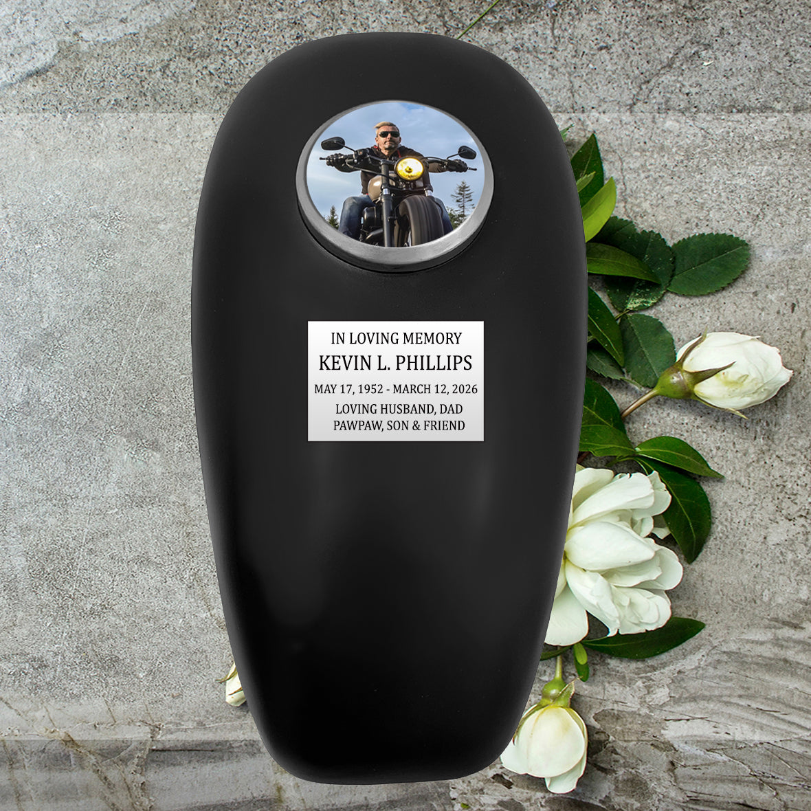 Black Motorcycle Gas Tank Large Adult Cremation Urn - Free Plate & Photo Option