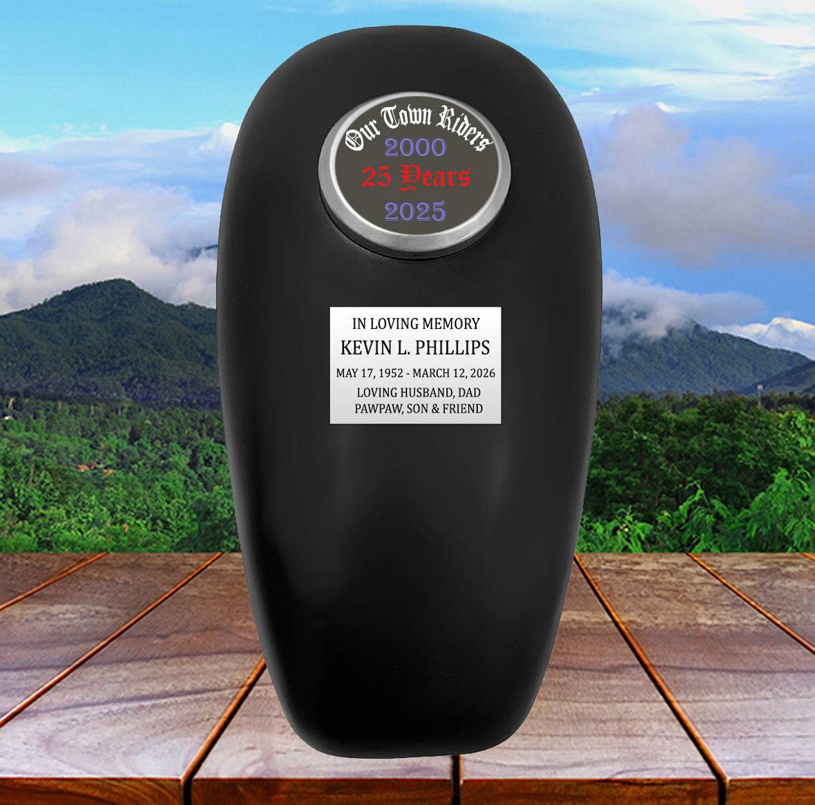 Black Motorcycle Gas Tank Large Adult Cremation Urn - Free Plate & Photo Option