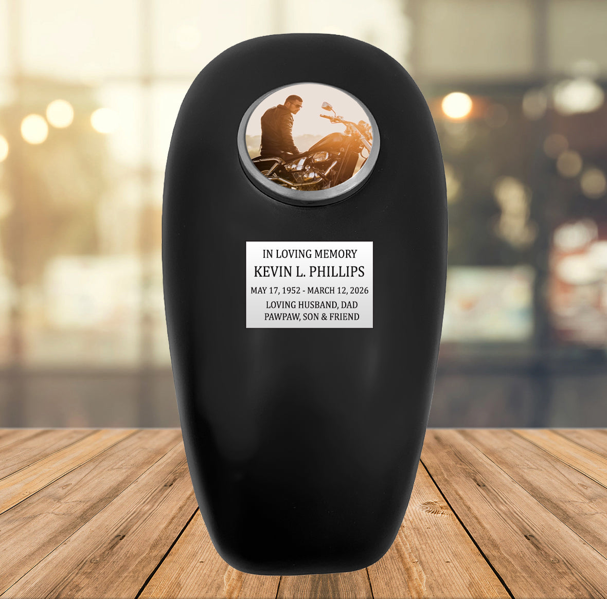 Black Motorcycle Gas Tank Large Adult Cremation Urn - Free Plate & Photo Option